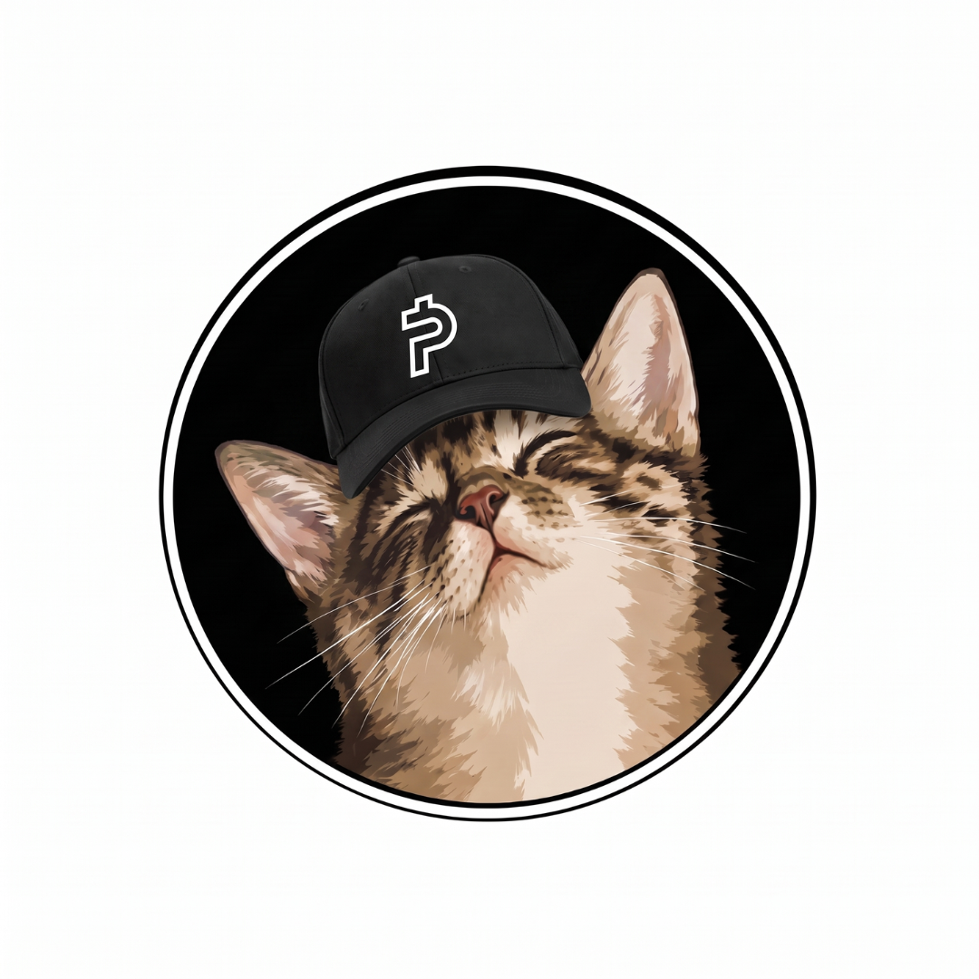 PaidCate, a tabby cat wearing a black cap with a currency symbol, eyes closed and smiling